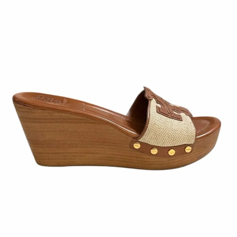 Tory Burch Brown and Tan Wedge Slide Sandals Size 7.5